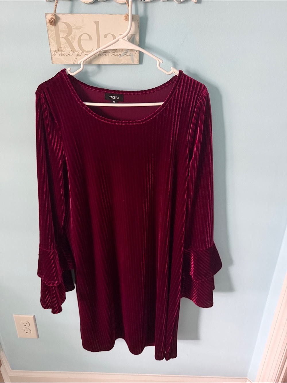 Tacera Velvet Pleated Long Sleeve Dress in Burgundy size M